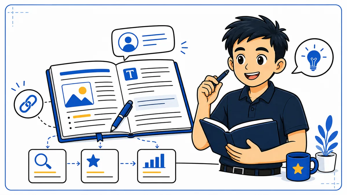 Ilustrasi Habib Hidayat menulis blog personal brand dengan catatan artikel, sudut pandang, topic cluster, dan internal link