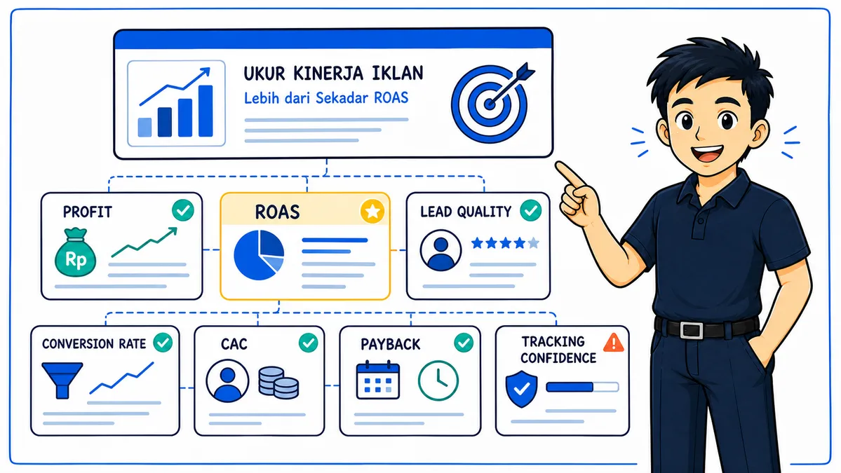 Ilustrasi Habib Hidayat menjelaskan pengukuran Google Ads dengan profit, lead quality, CAC, payback, dan tracking confidence