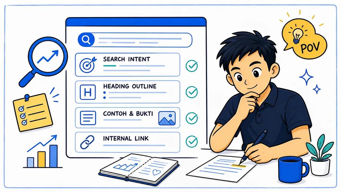 Ilustrasi Habib Hidayat menyusun artikel SEO friendly dengan search intent, outline, heading, contoh, dan internal link