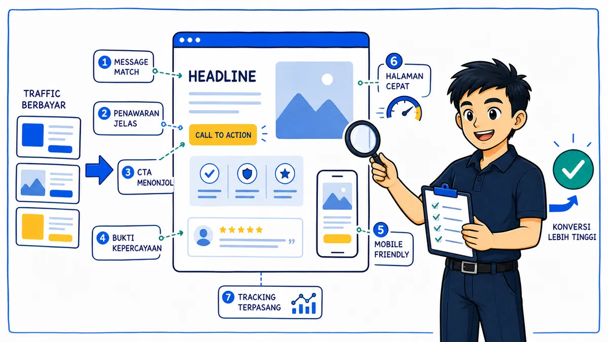 Ilustrasi Habib Hidayat mengaudit landing page traffic berbayar dengan message match, CTA, trust proof, mobile, speed, dan tracking