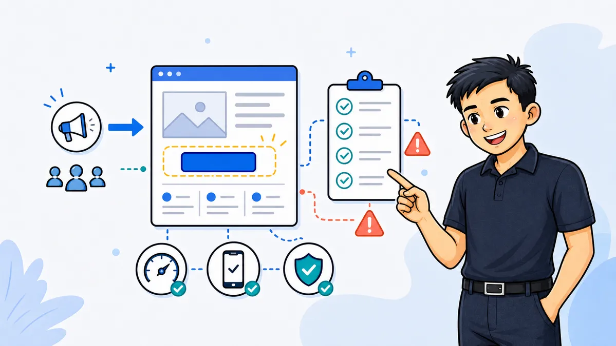 Ilustrasi Habib Hidayat mengevaluasi landing page, CTA, trust, dan conversion
