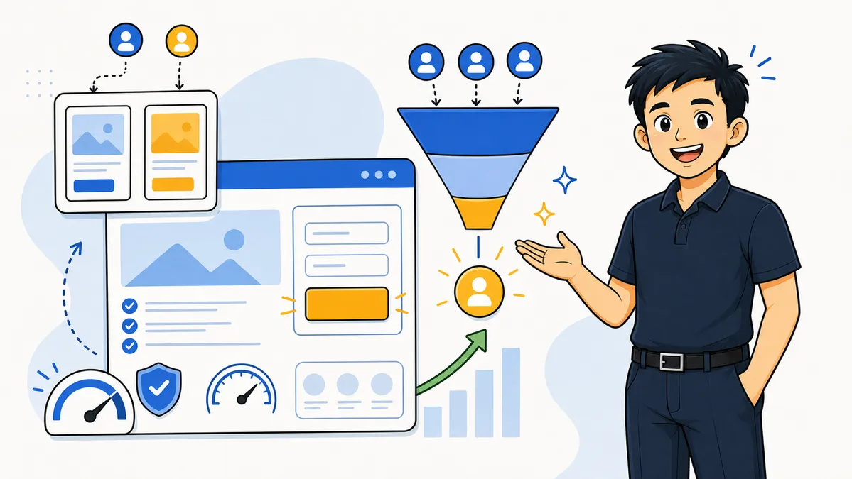 Ilustrasi Habib Hidayat menjelaskan conversion rate optimization dengan landing page, CTA, form, trust, speed, dan funnel conversion