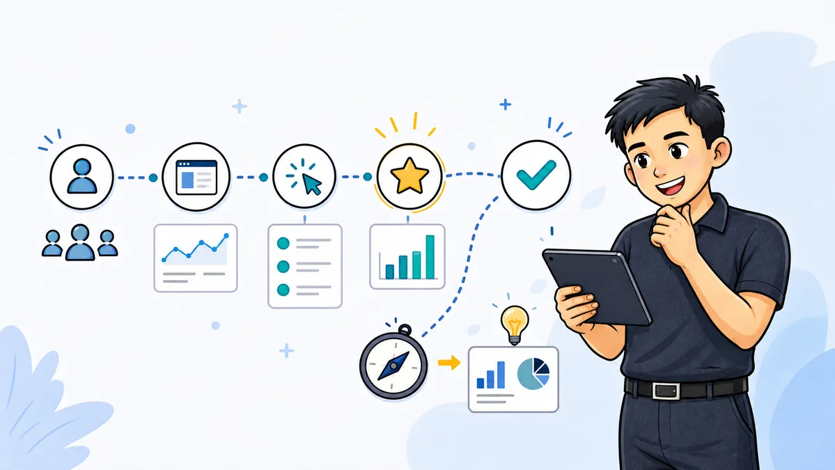 Ilustrasi Habib Hidayat membaca alur analytics berisi user, event, key event, dan dashboard keputusan