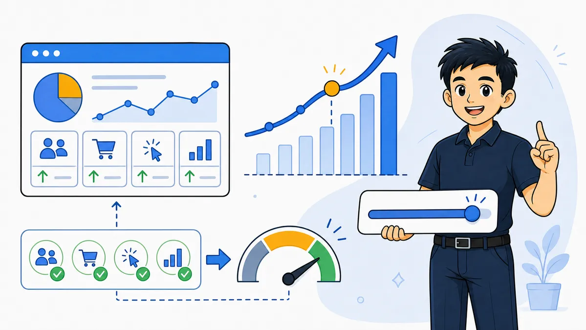 Ilustrasi marketer mengevaluasi audience signals dan optimasi AI untuk kampanye paid marketing