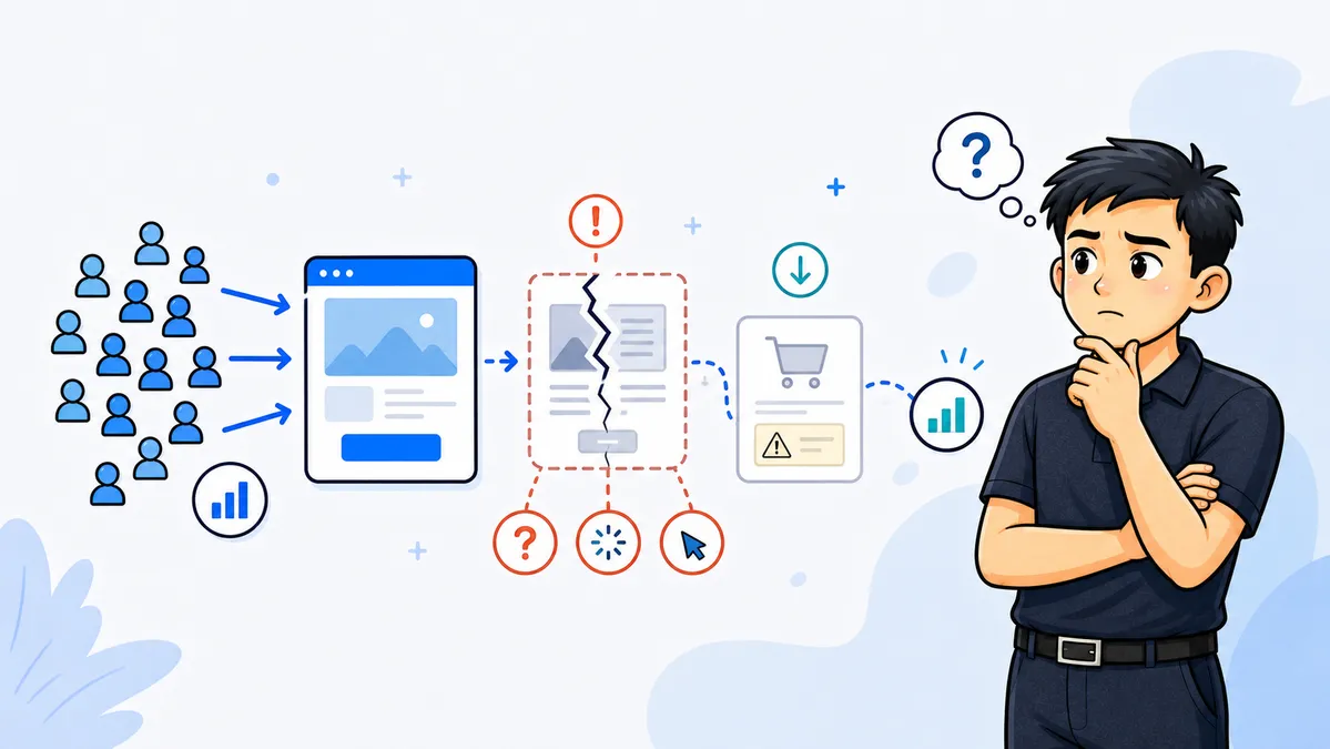 Ilustrasi Habib Hidayat mendiagnosis website dengan traffic banyak tetapi jalur conversion masih bermasalah