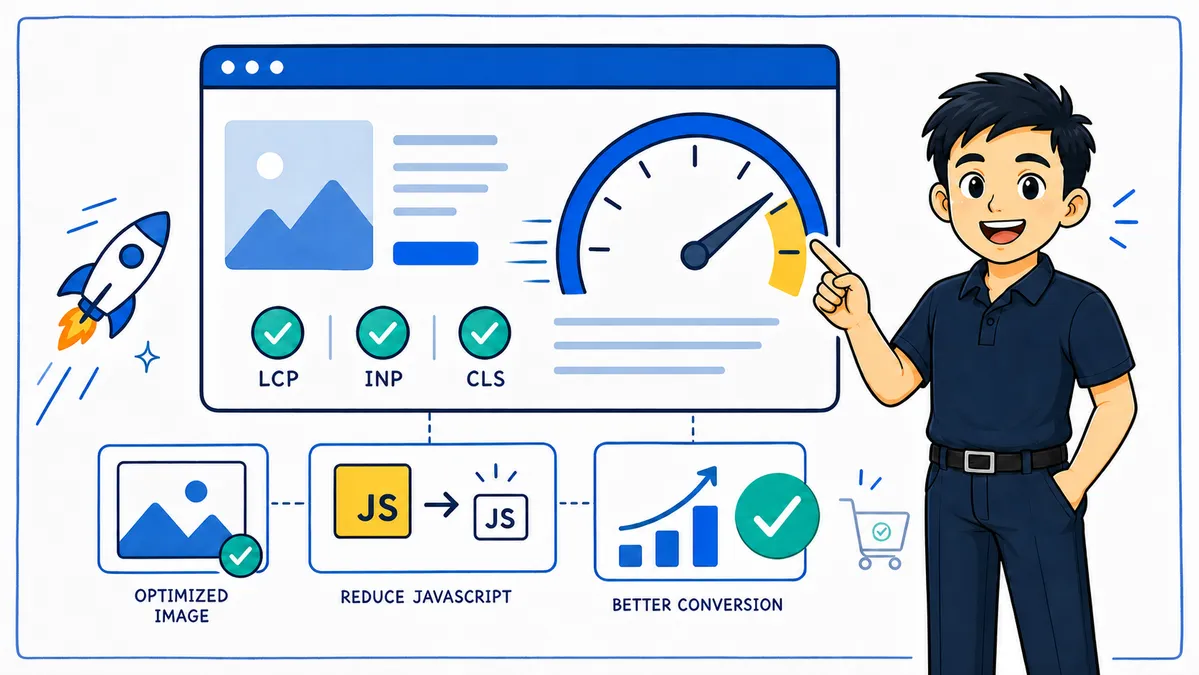 Ilustrasi Habib Hidayat menjelaskan optimasi kecepatan website dengan Core Web Vitals, gambar, JavaScript, dan conversion