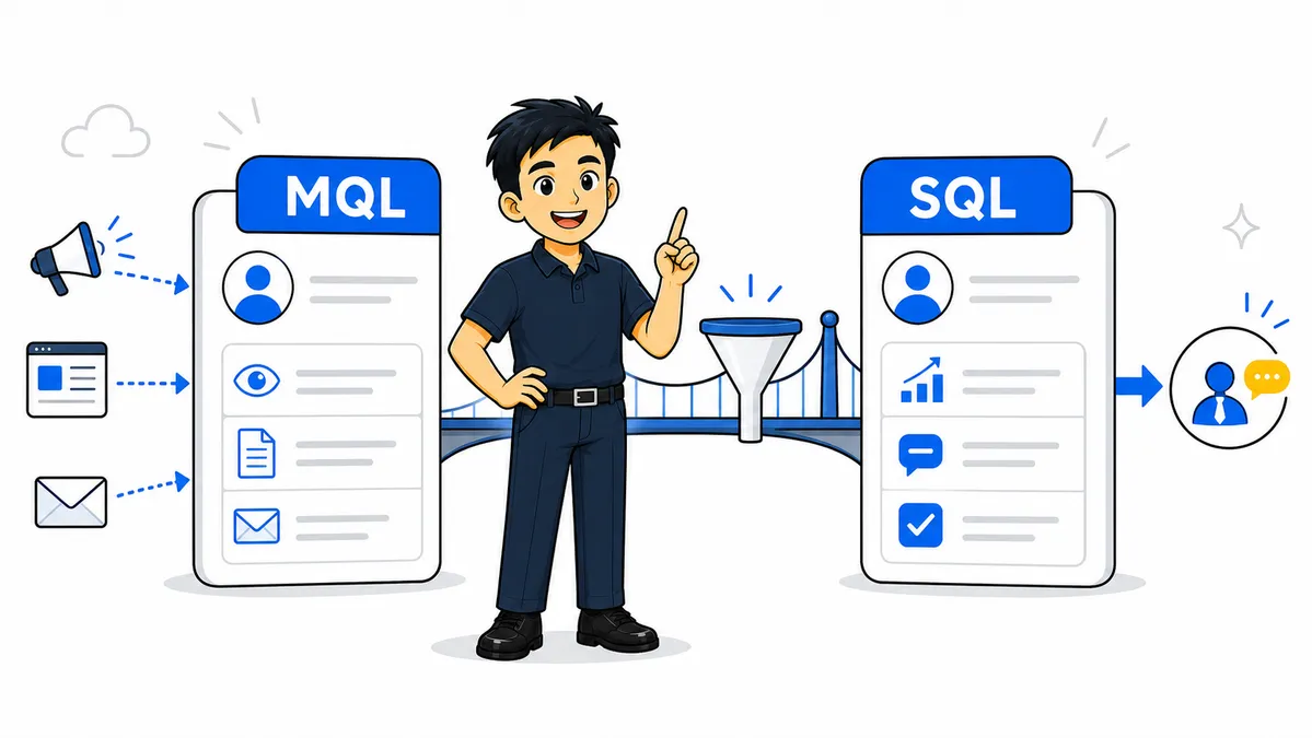 Ilustrasi Habib Hidayat menjelaskan perbedaan MQL dan SQL dengan filter kualifikasi lead B2B