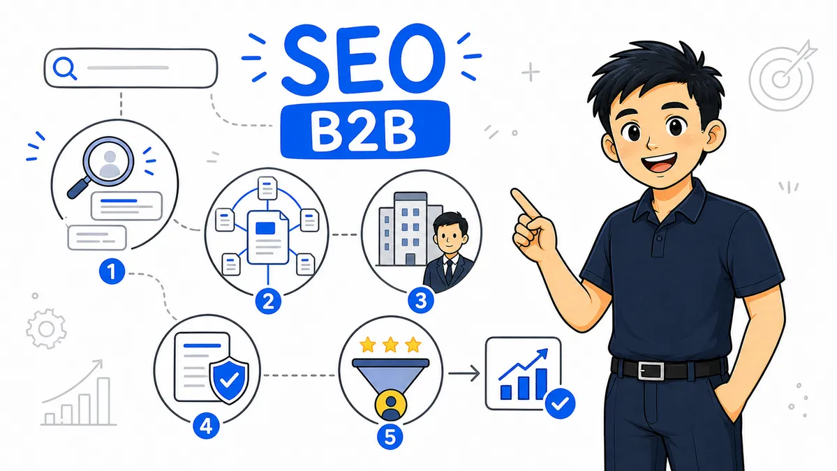 Ilustrasi Habib Hidayat menjelaskan strategi SEO B2B berbasis search intent, content cluster, trust, dan qualified lead