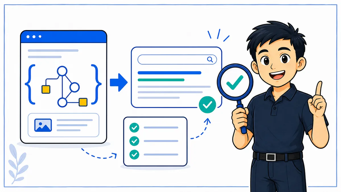 Ilustrasi Habib Hidayat menjelaskan structured data dengan schema, entity nodes, search snippet, dan validasi